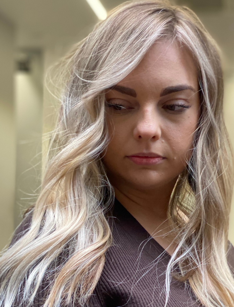 Creative cut and styling result — client Priscilla